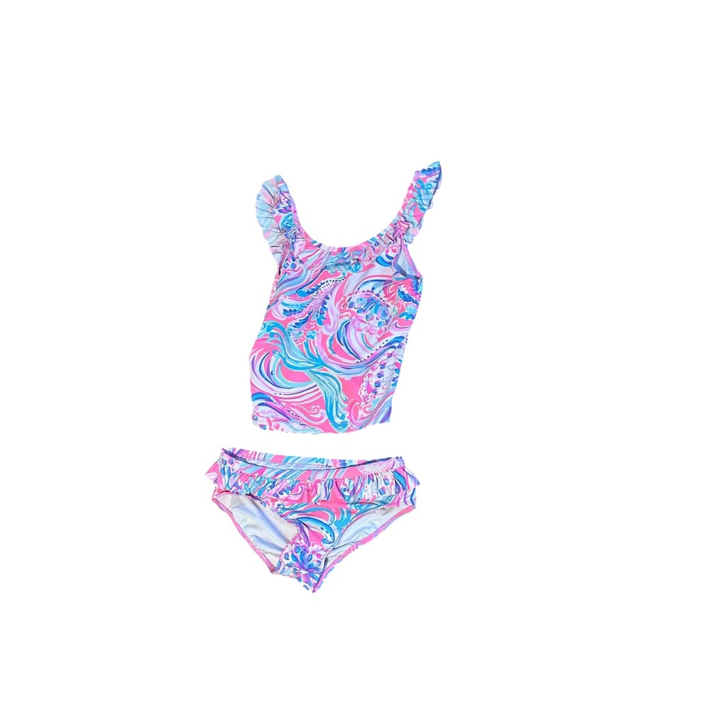 Lilly Pulitzer Girls Pink Blue Paisley Ruffle Tankini Swimsuit Set Size 7